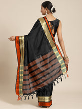 Women's Aura Silk Black WovenDesign DesignerSaree With Blouse Piece